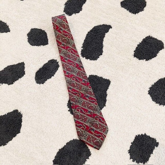 Vintage Christian Dior Silk Red Blue Taupe Paisley Stripe Print Designer Tie - Picture 2 of 8
